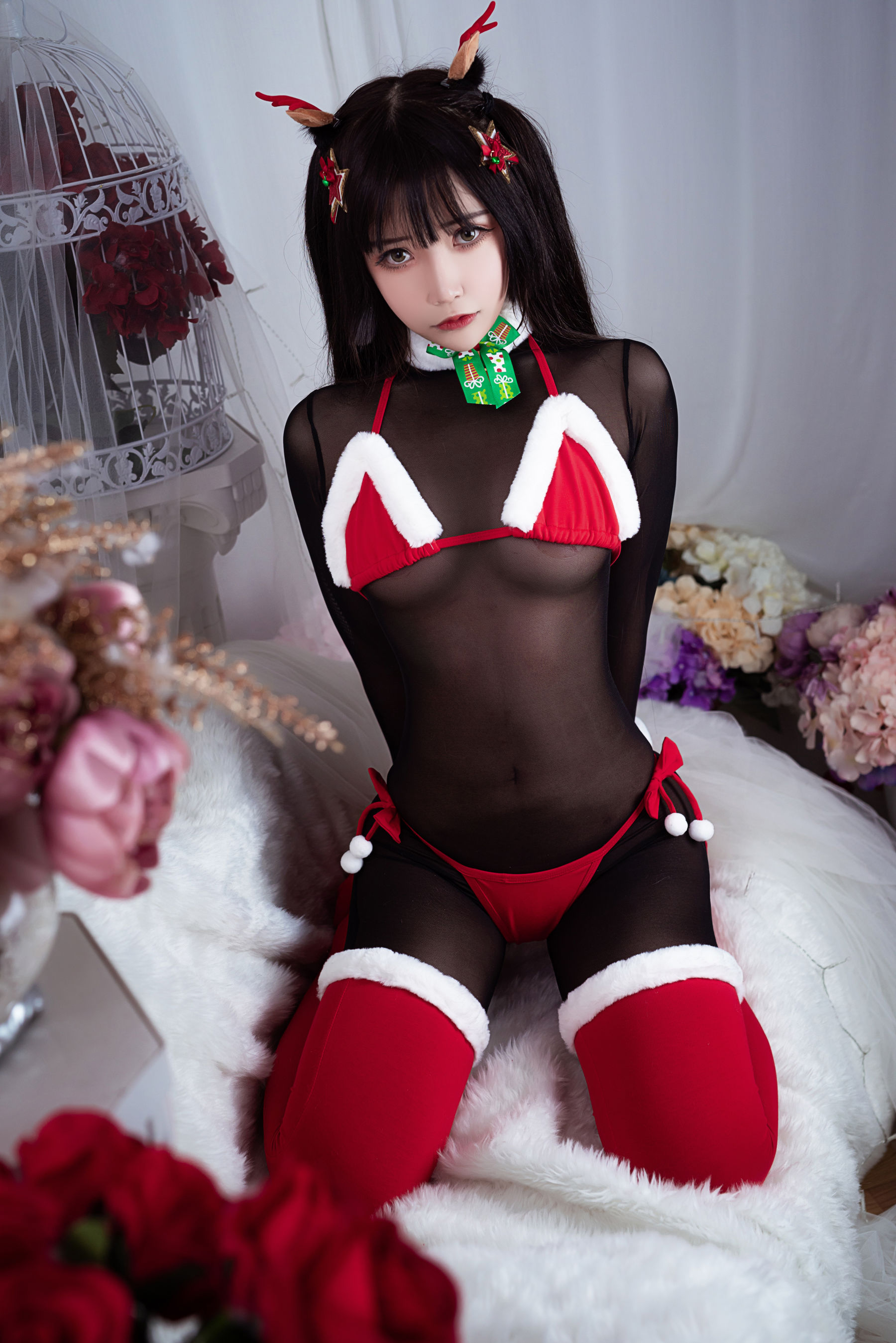 二次元妹子抱走莫子aa 连体黑丝圣诞比基尼 Cosplay-第27张